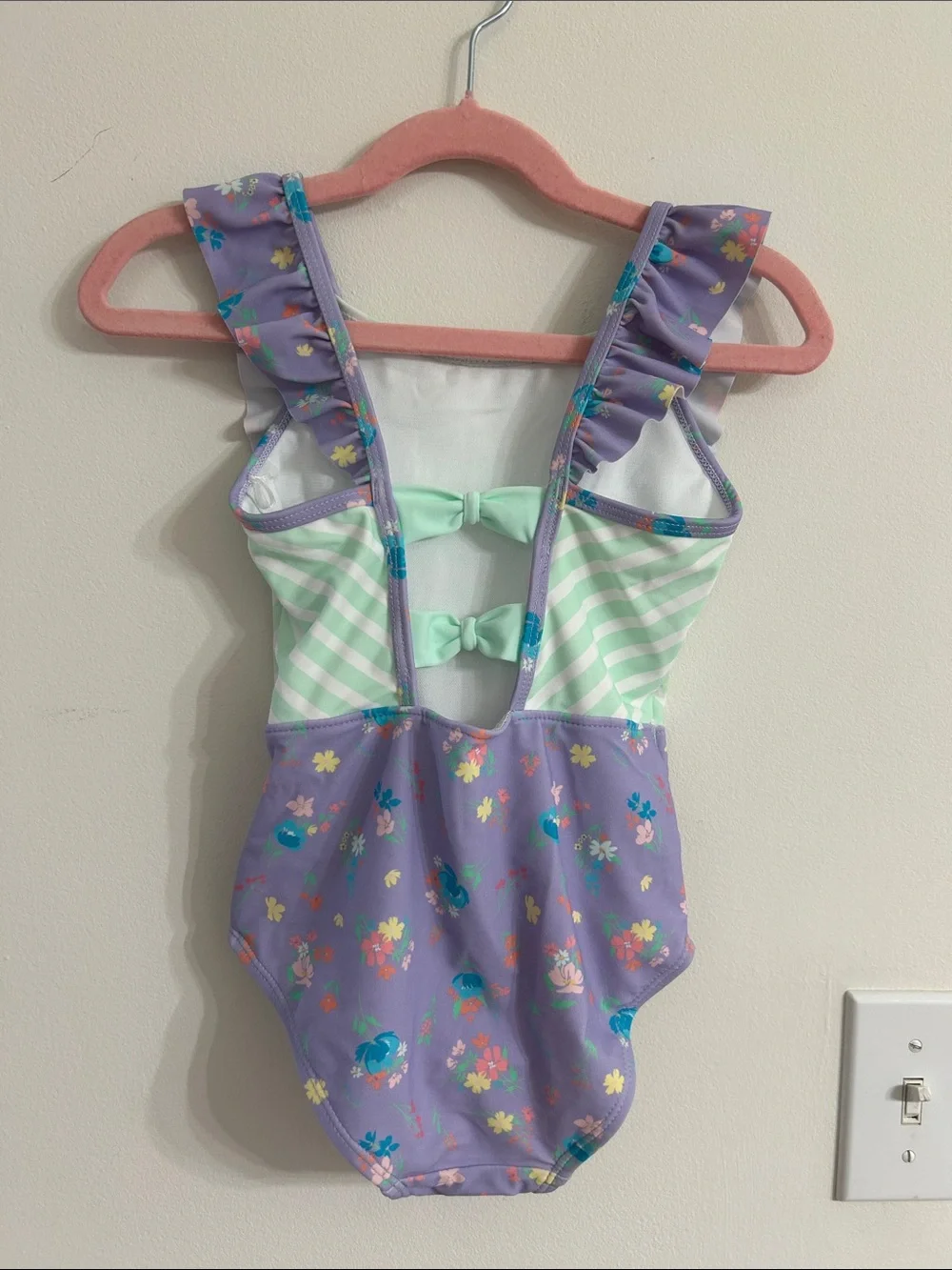 Girls' Purple Floral Ruffle One-Piece Swimsuit with Mint Stripes Ruffle Butts NW